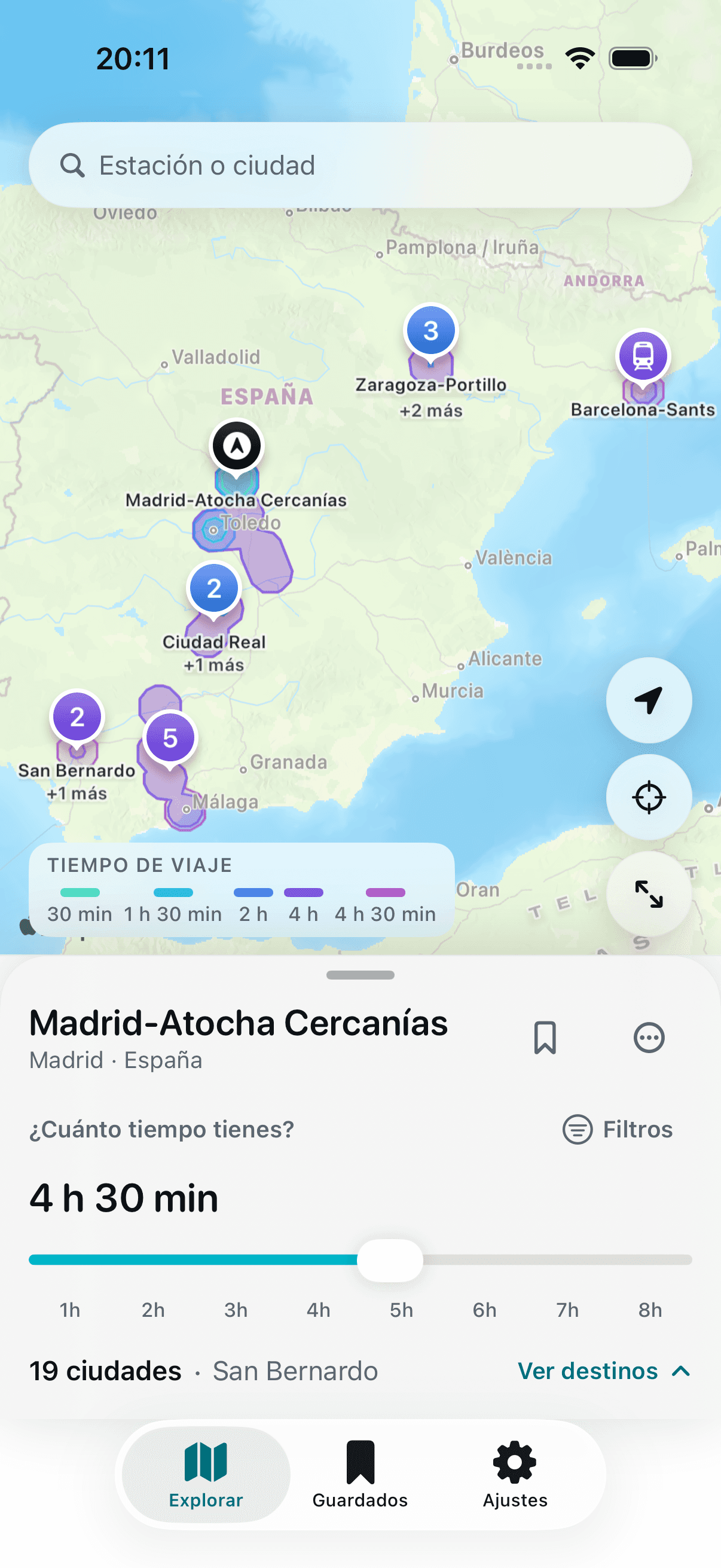 El mapa, con una franja de color por cada hora de viaje.