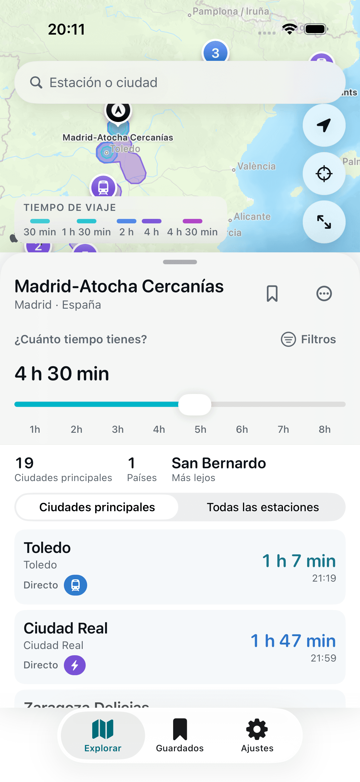 Los destinos ordenados por lo que tardas en llegar.